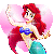 Pixelated mermaid with red hair and blue top waves against pink gradient background, visible in four showing motion blur and cropping differences
