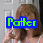 A person with brown hair stands before a white paneled door, holding a phone to their ear; the word "Potter" appears in green text on blue background.