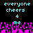 Pixelated cyan text reads 'everyone cheers 4' above pink and purple pixelated crowd hands with 'me' text on two hands, on black background.