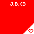 Red background with repeated white text 'J.B.<3' and triangular icons containing pixelated hearts, some of which animate to show a heart outline.