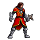 Pixel art character in red and yellow robe with silver armor, holding a cross-shaped object, shown across multiple poses on gray background.