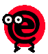 Four pixelated frames of a black spiral character with white-ringed eyes against a red circular background, showing sequential leg and arm movements.