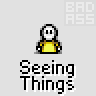 Animated contact sheet showing 24 frames of a pixel art buddy icon with a yellow stick figure and pink elephant, each frame labeled "Seeing Things" below the icon.