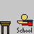 Yellow stick figure with red backpack moves through school desk sequence, showing walking and sleeping poses.