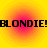 Yellow background with four pink-orange gradient circles, each containing black pixelated text reading BLONDIE! in a