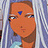 Pixelated static image of a character with orange skin, blue forehead mark, and light-colored hair against a striped background.