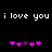 Pixelated text 'i love you i love you' in white on black background with two of pink and purple heart icons below