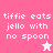 Pixelated text reads "tiffie eats jello with no spoon" on pink and white background, two star icons appear in different positions.