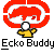 Pixelated static buddy icon featuring a yellow stick figure with white head and black outline beneath red circular logo, below which is bold text reading "Ecko Buddy" on gray background.