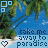Pixelated beach scene with blue water, green trees, and white sand; text reads 'take me away to paradise' in dark blue letters over the water.