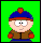 Pixelated cartoon character in brown jacket and blue cap transitions through multiple poses with orange hooded outfit, green background.