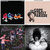Four distinct pixelated images arranged in a 2x2 grid: top-left shows three colorful mushroom-like shapes on black, top-right depicts a brown curved object on light beige, bottom-left contains pink and purple abstract forms on dark background, bottom-right features a black-and-white figure with dark hair on dark background.