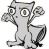 A 49x49 pixel cartoon-style icon of a gray dragon-like creature with green eyes and raised wings, displayed alongside repeated text elements in purple and teal on a black background.