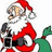 Pixelated Santa Claus in red suit with white trim, holding a green sack over shoulder and black object in hand, next to red text on white background.