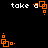 Black background with white text 'take a' and orange pixelated square icons in four positions, two of which animate between frames.