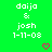 Green background with white pixelated text reading "daija & josh 1-11-08" and two pink heart symbols at bottom.