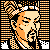 Pixelated static icon of a stylized human face with orange and black color scheme, surrounded by striped patterns on both sides.