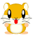 Pixelated hamster character with yellow-orange fur, white face and belly, black eyes, red nose, gray whiskers, pink feet; two side-by-side views show different eye shapes.
