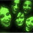 Green-tinted pixelated faces in a with varying expressions and positions across four