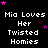 Black background with white text reading "Mia Loves Her Twisted Homies" and scattered pink and purple stars.