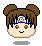 Pixel art head with brown twin buns, blue forehead band, and silver spiral symbol on a gray background.