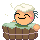 Pixelated character with light brown skin and white foam on head sits in wooden tub, smiling with closed eyes and pink cheeks.