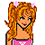 Pixelated cartoon-style buddy icon of a female character with long orange hair, pink flower accessories, and a pink top featuring a white heart symbol.