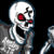 Two pixelated skeletons with red eyes and black crosses on their skulls stand against a black background, one holding a skull.