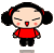 Four pixelated cartoon character poses with red clothing, black pigtails, and closed eyes on gray background.
