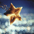A pixelated star-shaped object with brown and white tones, emitting a trail of small squares against a blue gradient background.