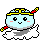 Pixelated character with light blue face, yellow headband, red-and-yellow staff, and white cloud base in four variations.