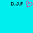 Cyan background with black text 'D.J.F' on left and right, pink pixelated heart symbol in center.