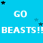 Blue background with repeated white text 'GO' and 'BEASTS!!' surrounded by black and blue stars.