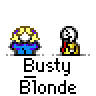 Pixel art contact sheet showing two animated frames of a cartoon character with blonde hair and blue pants, each paired with a smaller black-and-white stick figure, all labeled "Busty Blonde" below.