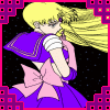 Pixelated anime character with blonde hair and purple-pink outfit in four- with pink border and text overlays