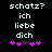 Pixelated text in German reads 'schatz? ich liebe dich' above five pink and purple heart symbols on a black background.