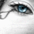 Pixelated close-up of a human eye with blue iris and black pupil, set against a light gray background with dark gray eyelid and eyebrow details.
