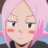 Pixelated anime-style character face with pink hair, rosy cheeks, and neutral expression against a light blue background.