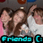 Three people with brown hair pose together; one wears a white shirt, another pink. Pixelated text reads "Friends" in cyan on black.