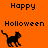 Pixelated black cat walks left on orange background with 'Happy Halloween' text above; right-side view shows partial gray area.