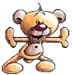 A cartoon bear with a brown nose and beige belly holds two bone-shaped objects, standing on rounded feet against a gray background.