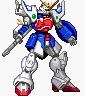 Pixelated mecha robot with blue, white, red, and green accents holding a long weapon in right hand, standing against plain background.