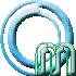 nine identical blue circular rings with green 'm' symbols, each ring having a small gap and the 'm's positioned differently across the