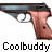 Pixelated static image of a handgun with pinkish-brown grip and metallic barrel, positioned horizontally against white background, with "Coolbuddy" text below in blocky pixel font.