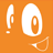 Orange background with white exclamation mark, stylized eye shape containing vertical oval, and curved line forming a smile.