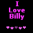 Pixelated text "I Love Billy" in bright pink on black background with five heart symbols below, two versions showing slight animation differences.