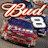 Pixelated static icon featuring stylized text and a racing car with visible number 8, rendered in red, white, blue, and brown tones on a gray background.