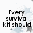 Pixelated text on a white background with light blue and gray star shapes, displaying partial phrases about survival kits and humor.