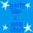 Blue background with white star shapes and blue text reading "party like a.. pop star!" arranged in four