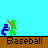 Animated pixel art sequence showing a baseball game with blue and green figures, brown bat, white ball, and 'Baseball' text on ground.